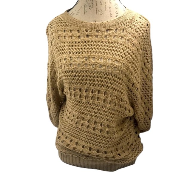 Isela Sweaters - Isela Tan Scoop Neck Crochet Sweater Size S
